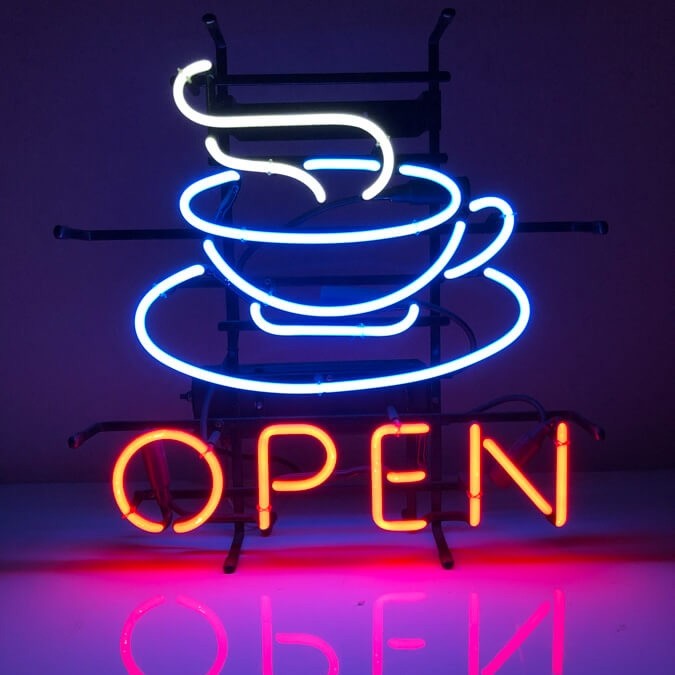Open Neon Sign with Cup