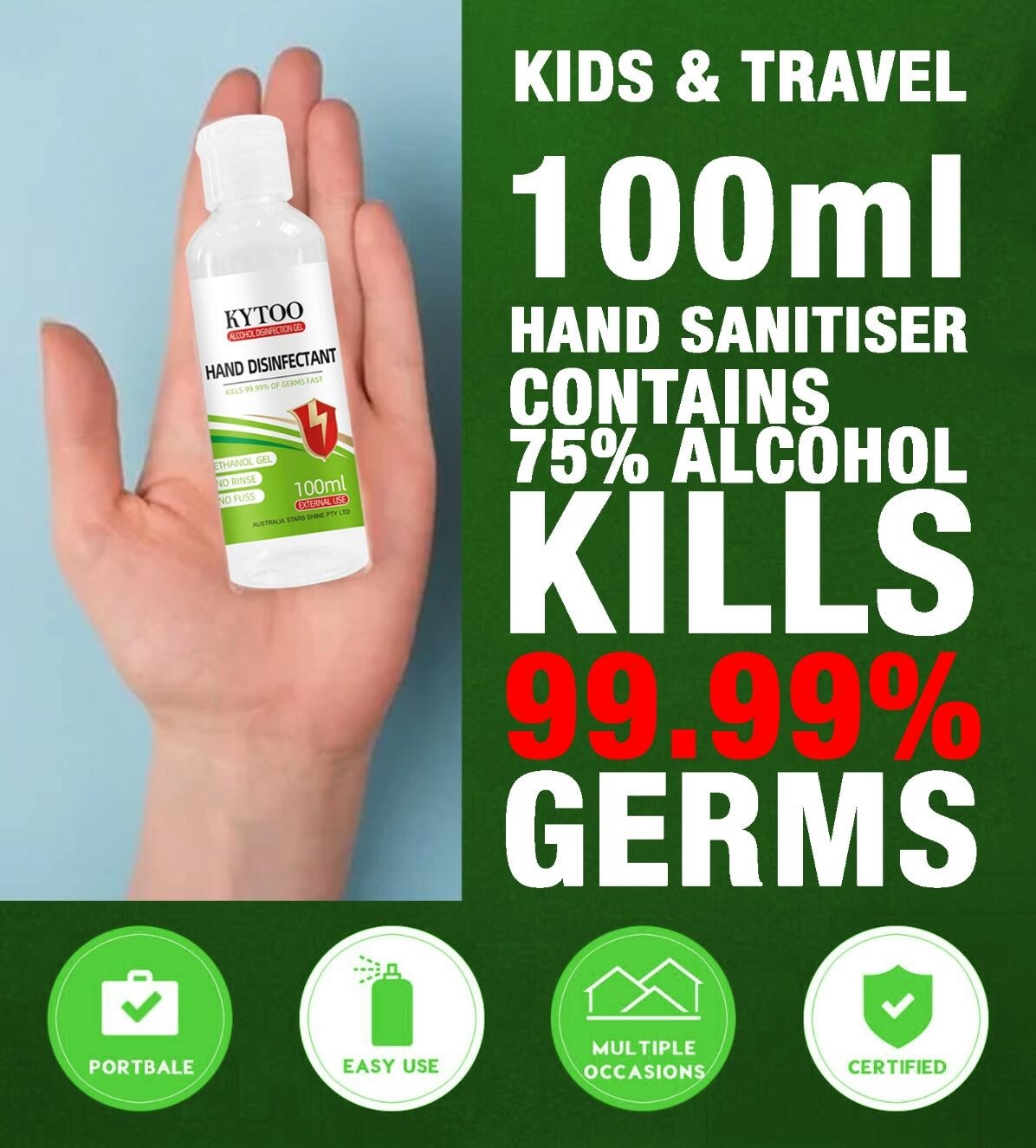 KIDS & TRAVEL PACK - 100ML HAND SANITIZER (HAND SANITISER)  75% ALCOHOL WATER FREE