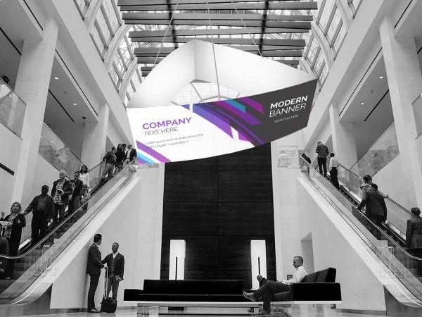 366cm W x 122cm H  Curved Triangle Trade Show Ceiling Hanging Banners Display